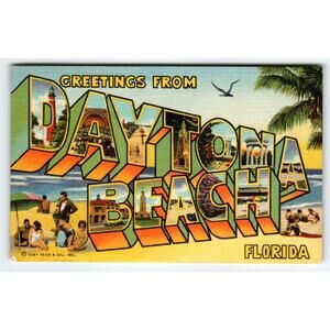 Greetings From Daytona Beach Florida Large Letter Linen Postcard 1959 Curt Teich
